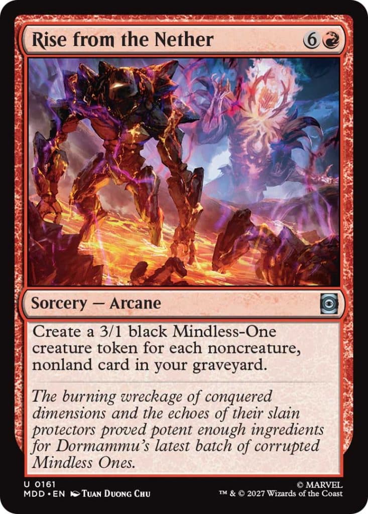 Magic: The Gathering card titled 'Rise from the Nether', featuring a dark, fiery illustration of Mindless-One creatures, with text describing its ability to create creature tokens.