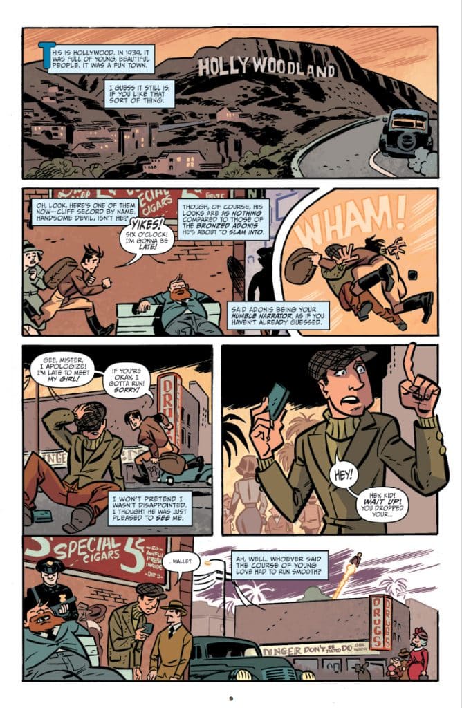 Comic page depicting a scene in 1930s Hollywood with characters interacting on the street, showcasing vintage cars, a 'HOLLY WOODLAND' sign in the background, and dialogue bubbles revealing a humorous and romantic encounter.