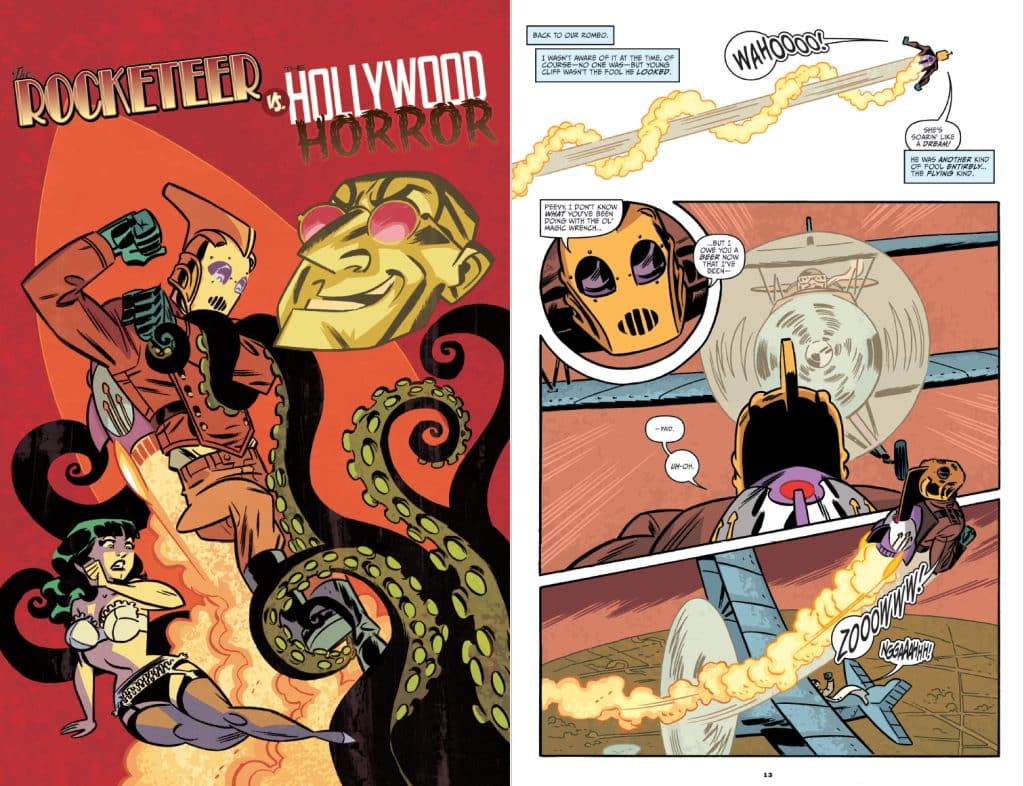 Comic book page featuring The Rocketeer battling a villain with a golden face and tentacles, while a character in a revealing outfit reacts. The right side showcases dynamic action with The Rocketeer flying and flames trailing behind.