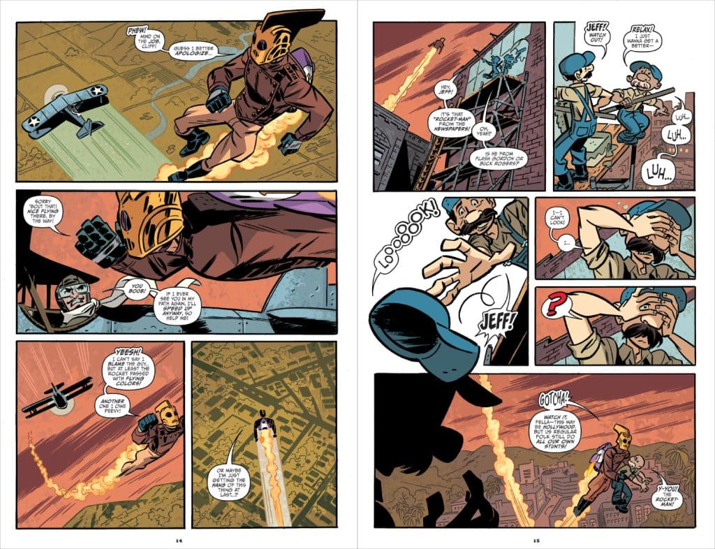 A comic book page featuring a character with a distinctive helmet flying with rocket boots while interacting with another character in an airplane. The scene depicts various expressions of surprise and confusion among the characters.