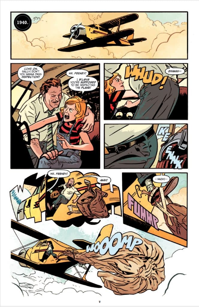 A comic page with a vintage style set in 1940, featuring an airplane in the sky. The scene includes characters engaged in a conversation about inspecting the plane, with expressions of surprise and excitement. Comic sound effects like 'WHUD!' and 'wooOOMP' enhance the action, depicting the characters' reactions to events occurring around them.