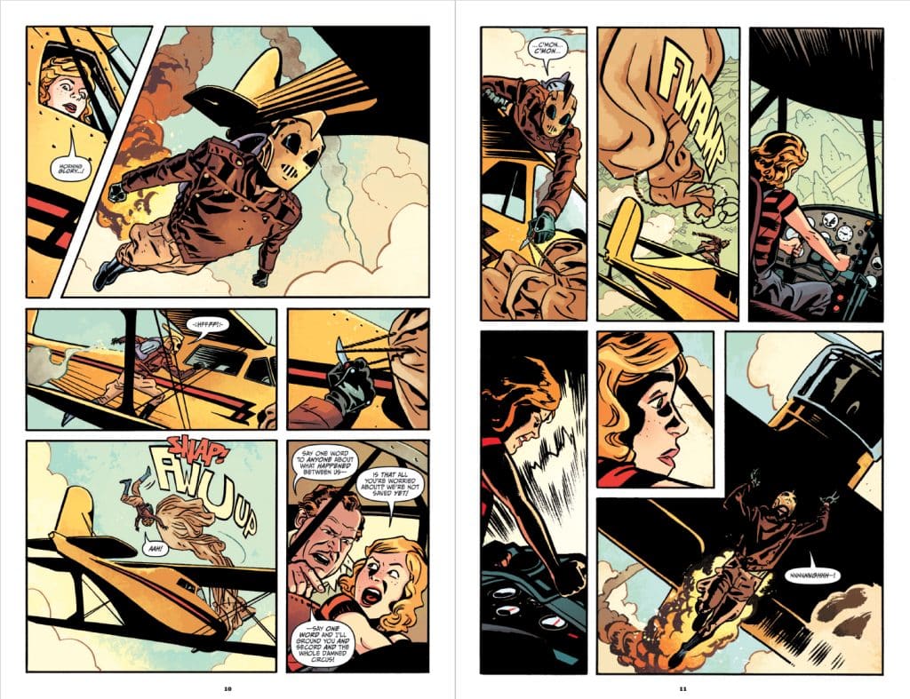 A comic book panel featuring a dramatic aerial scene with a woman in a biplane, a masked figure in a brown jacket leaping from the plane, and dialogue bubbles conveying tension and urgency.