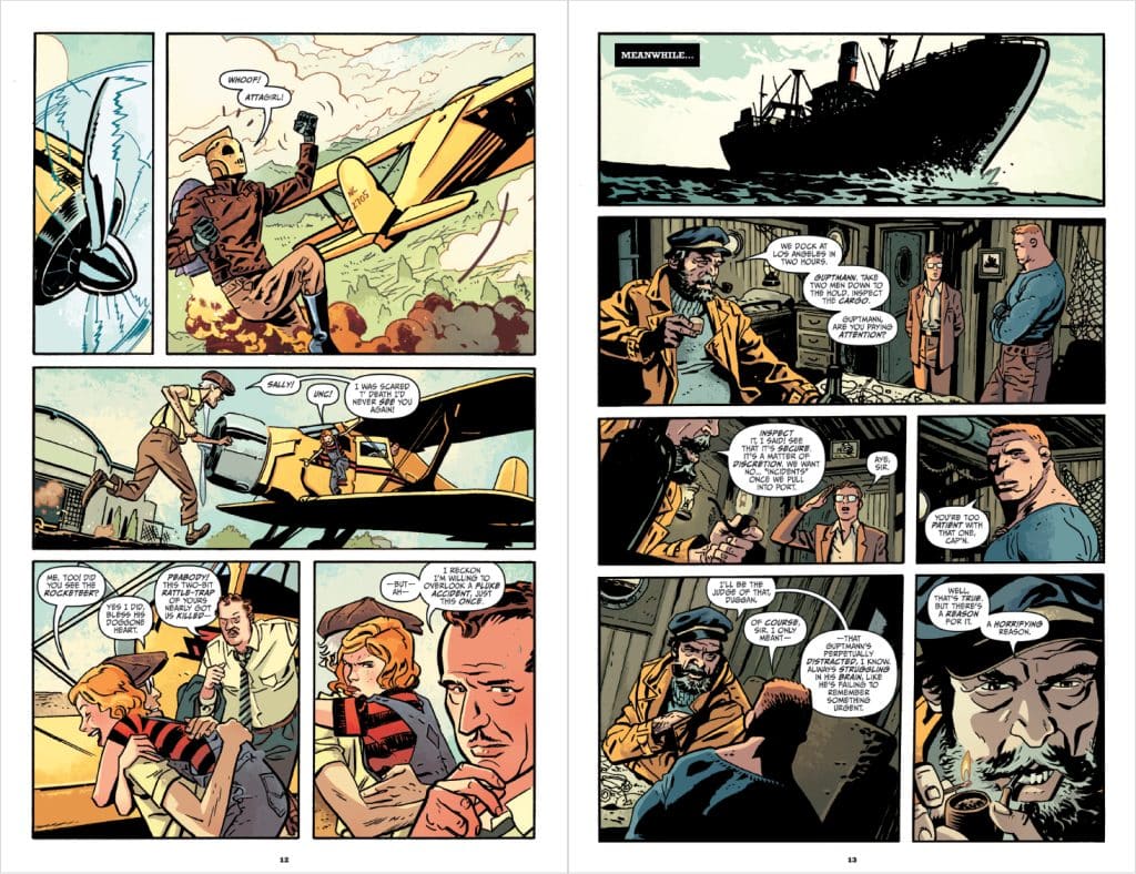 A comic book page featuring illustrated panels. The top left shows a pilot jumping from a plane while shouting. The top right portrays a ship at sea. The bottom panels depict characters engaged in dialogue, with expressions of concern and determination.
