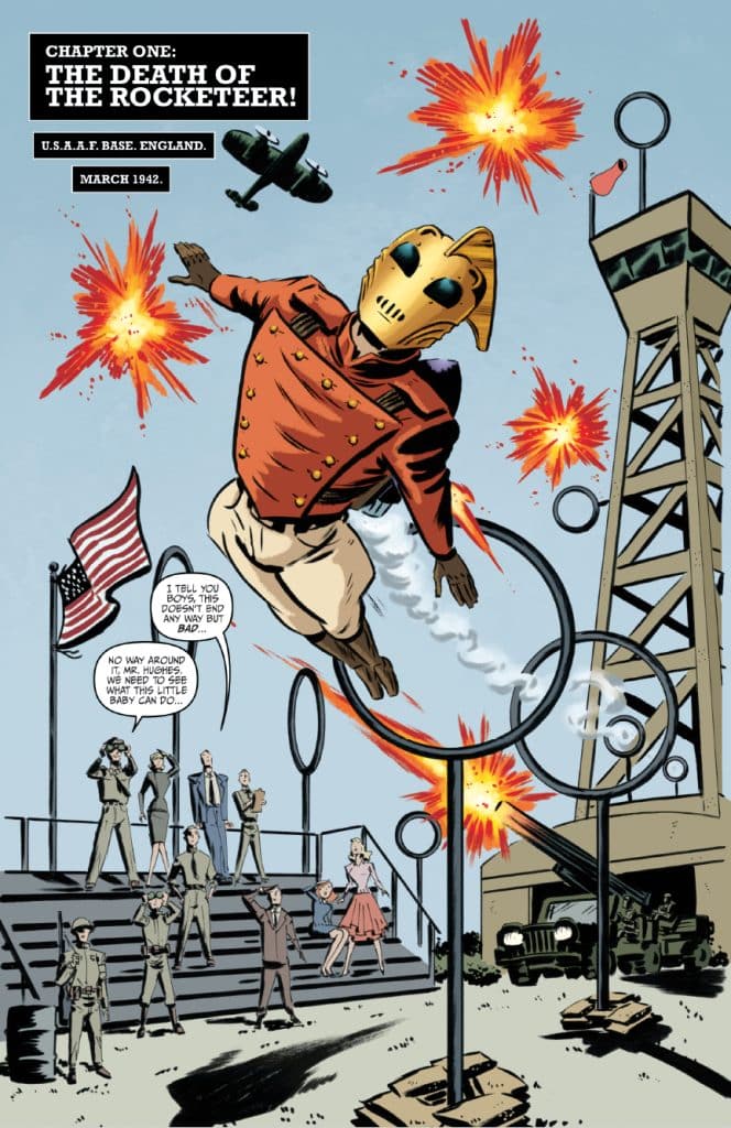 A comic book cover titled 'Chapter One: The Death of the Rocketeer!' set at a U.S. A.F. base in England, March 1942. The central figure, the Rocketeer, is depicted in a jetpack costume, flying through the air amidst explosions. A crowd of military personnel and civilians watches from below, reacting to the spectacle.