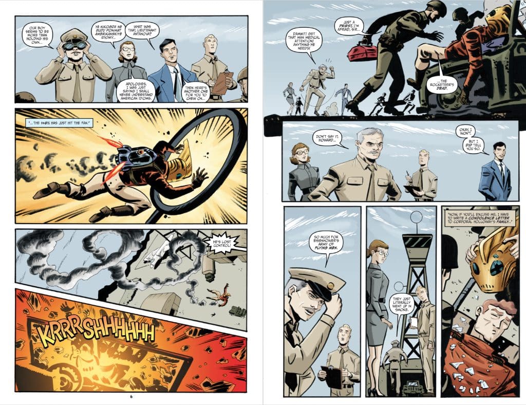 Comic strip depicting a military scene with soldiers and pilots reacting to a malfunctioning jetpack. One soldier is seen flying out of control, while others discuss the situation with expressions of concern and disbelief. The bottom panel shows an explosion and destruction.