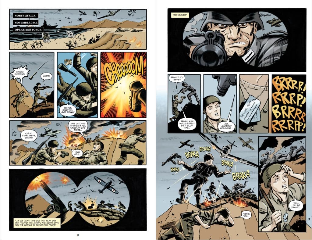 Comic strip depicting a World War II battle scene in North Africa, November 1942. Soldiers are engaged in combat with explosions and aircraft in the background. Speech bubbles illustrate dialogue among the characters, emphasizing the chaotic environment.