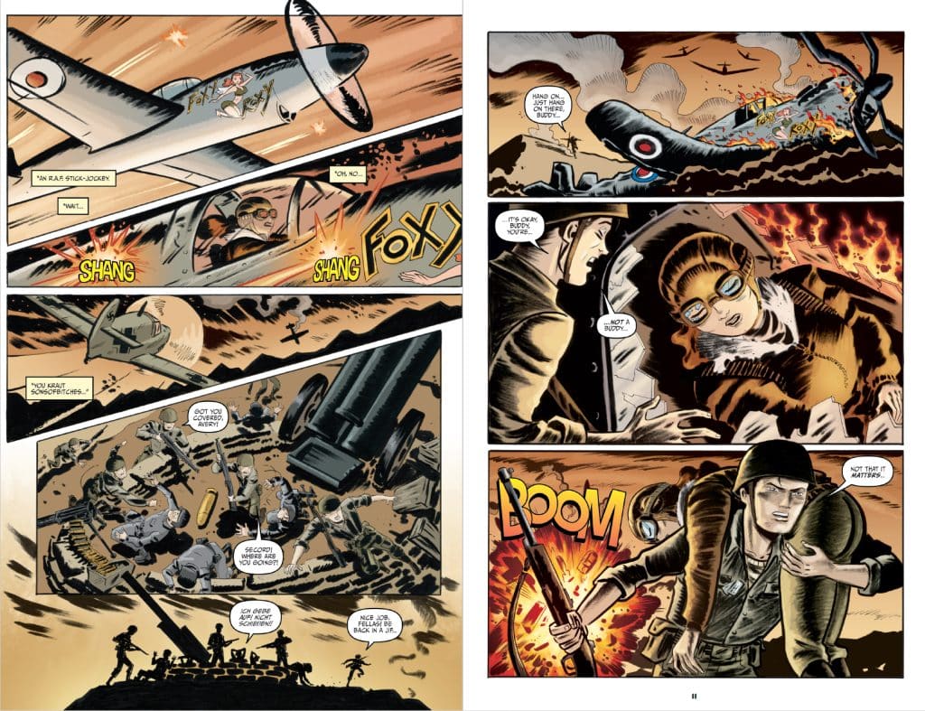 A comic book page depicting a WWII aerial dogfight with a plane in the sky, soldiers on the ground preparing for battle, and scenes of destruction and intense action.