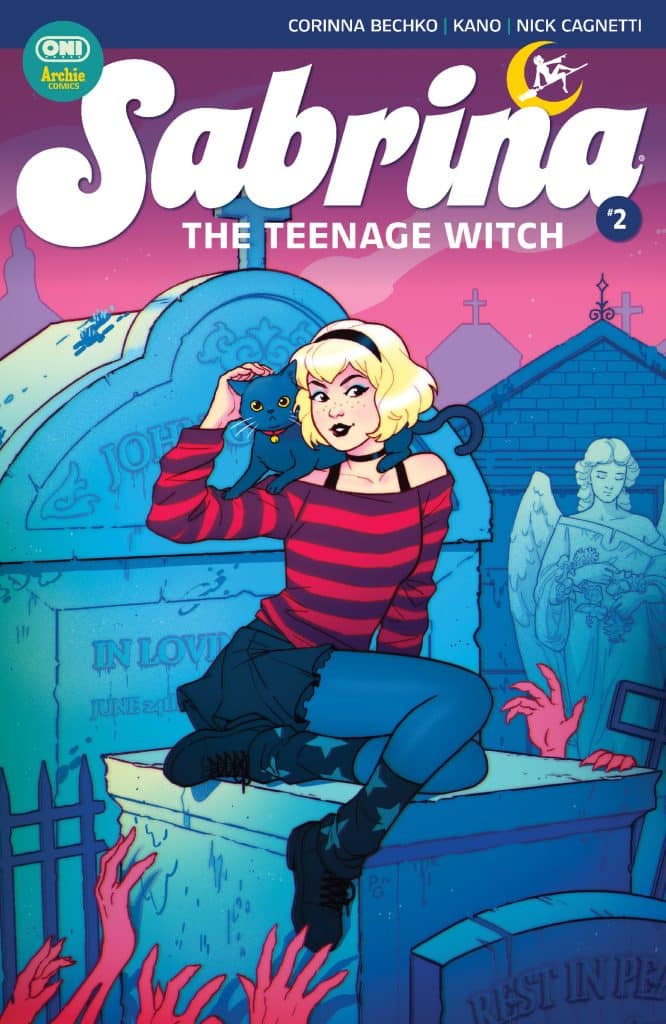 Cover of 'Sabrina: The Teenage Witch' #2 featuring Sabrina with a black cat, sitting on a gravestone surrounded by hands emerging from the ground, set in a colorful, spooky atmosphere.