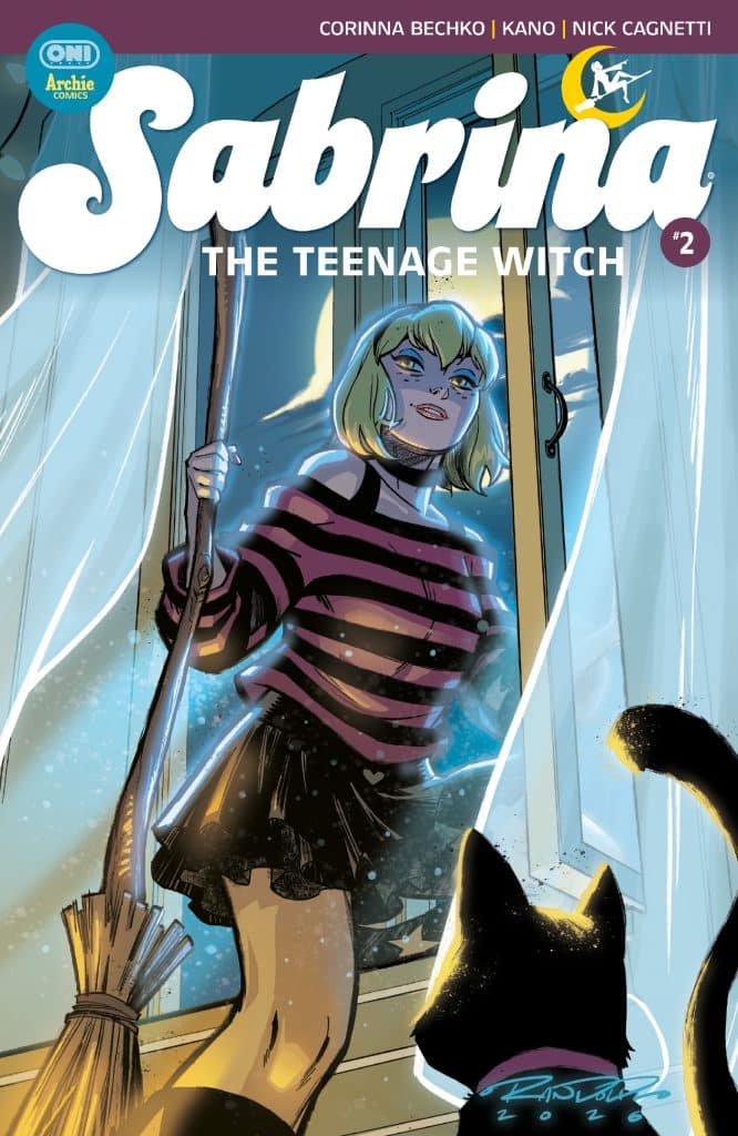 Comic cover featuring Sabrina the Teenage Witch holding a broomstick, wearing a striped shirt and a skirt, standing by a doorway with a black cat in the foreground.