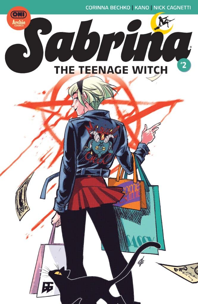Cover of 'Sabrina: The Teenage Witch' comic issue #2 featuring Sabrina, a young blonde girl in a stylish outfit holding shopping bags, with a black cat at her feet and a red magical symbol in the background.