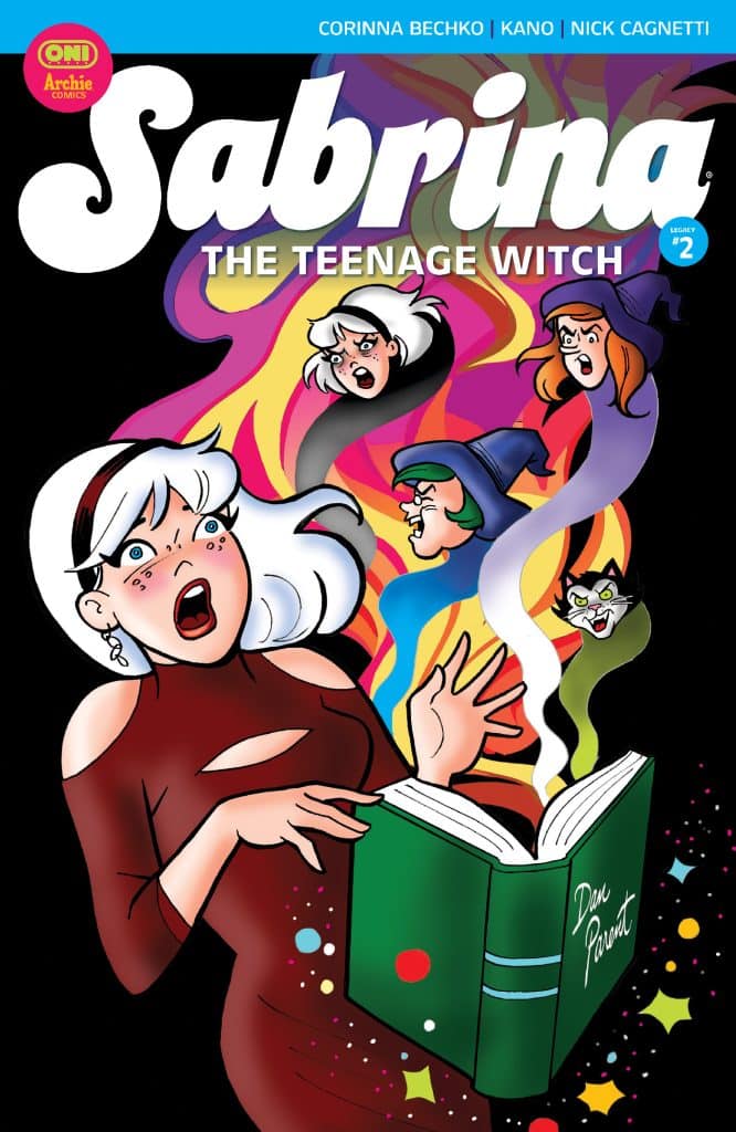 Comic book cover featuring Sabrina the Teenage Witch, with a shocked expression, holding a book titled 'Dark Pauen'. Colorful swirls and ghostly faces surround her in a whimsical design.