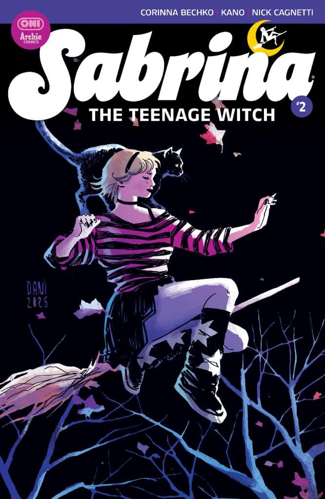 Cover of Sabrina the Teenage Witch comic #2 featuring a blonde witch in a striped top flying on a broomstick with a black cat, surrounded by branches and autumn leaves.