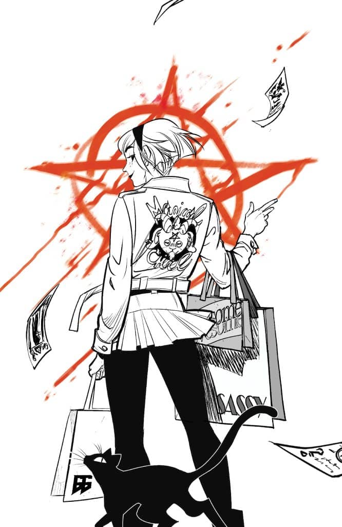 An illustrated character wearing a fashion-forward outfit with a graphic design on the back, holding shopping bags. A black cat is sitting at their feet, and there are floating dollar bills around them against a backdrop of a red star.