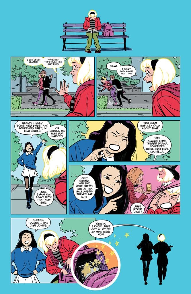 A comic strip featuring two female characters discussing their friends on a park bench while a third character is seen in the background. One character is wearing a red hoodie and is seated, while the other is animatedly talking about drama and relationships.