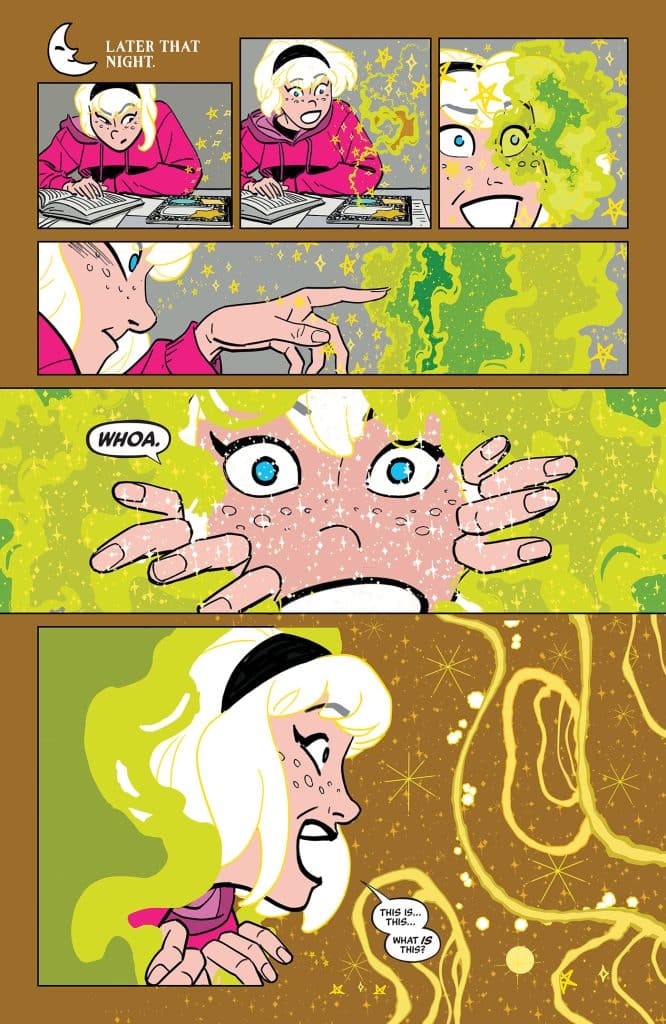 A comic panel depicting a girl with blonde hair and freckles, expressing surprise and curiosity. She is surrounded by colorful sparkles and swirling patterns while studying something mysterious in front of her.