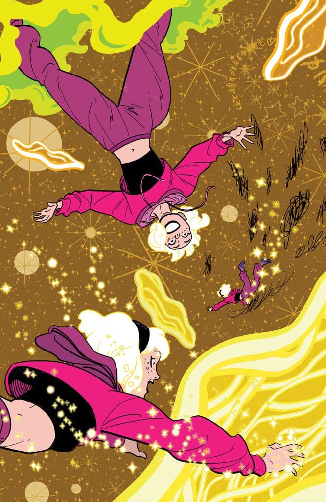 An illustration of three characters in bright pink outfits floating in a whimsical, starry space background. They have light-colored hair and are surrounded by sparkling effects and colorful swirls.