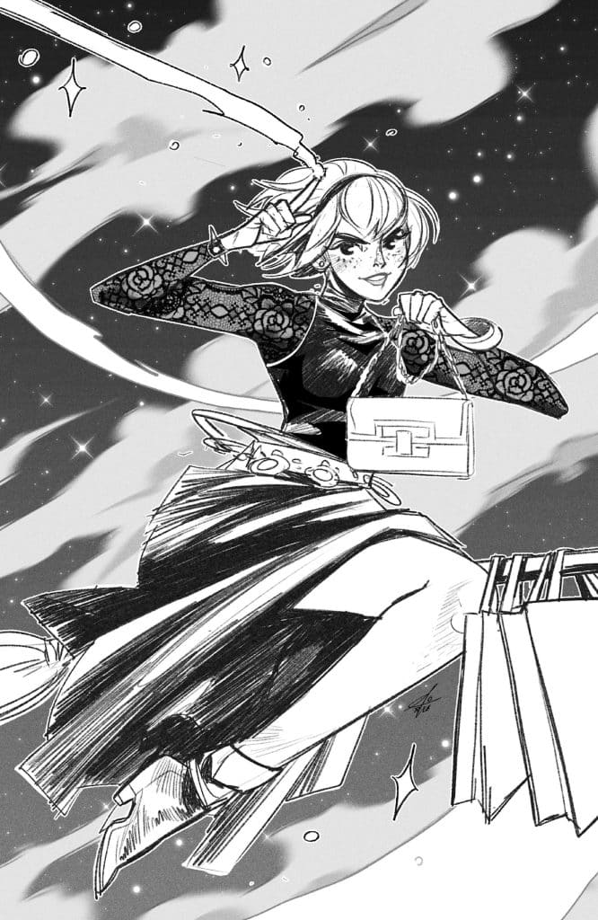 A dynamic black and white illustration of a female character with short hair, wearing a stylish outfit. She is holding a sword with one hand and a handbag in the other, appearing to leap through a starry background filled with sparkling elements.