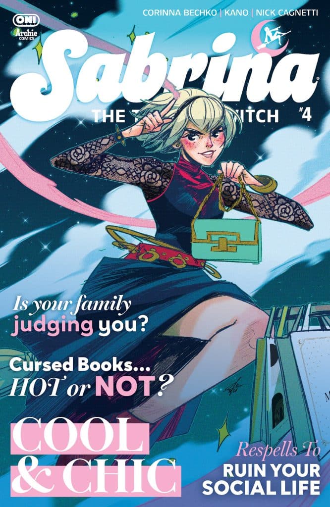 Cover of 'Sabrina the Teenage Witch #4' featuring Sabrina with short hair, wearing a stylish outfit and holding a purse, surrounded by a colorful cosmic background. Text elements ask questions about family judgment and cursed books, and promote the comic as 'Cool & Chic'.