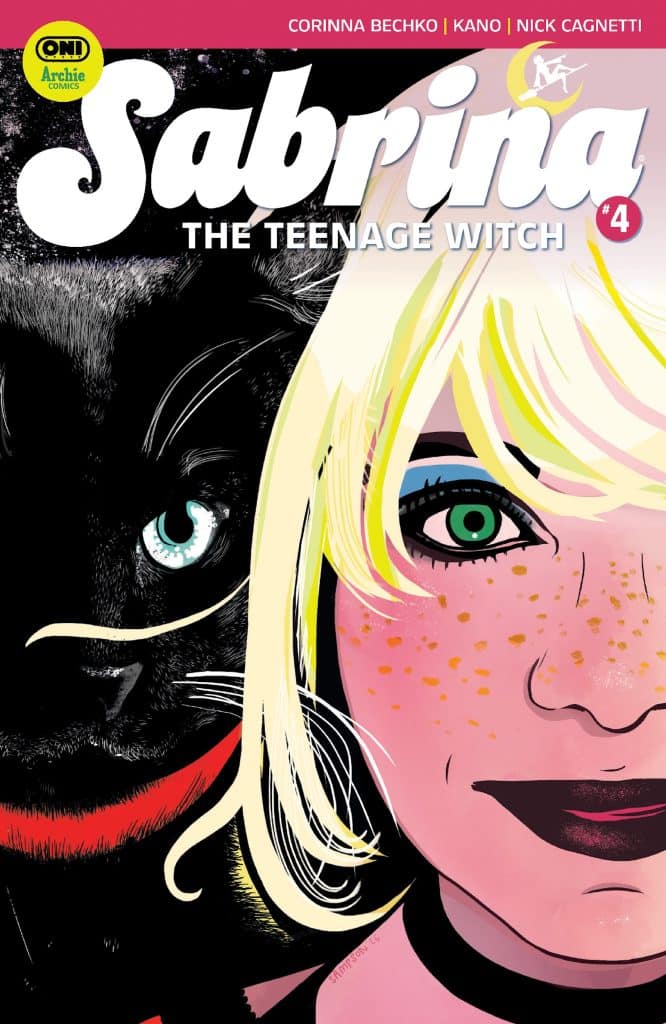 Cover illustration of 'Sabrina the Teenage Witch' #4, featuring a blonde girl with green eyes and freckles alongside a black cat with turquoise eyes, set against a vibrant background.