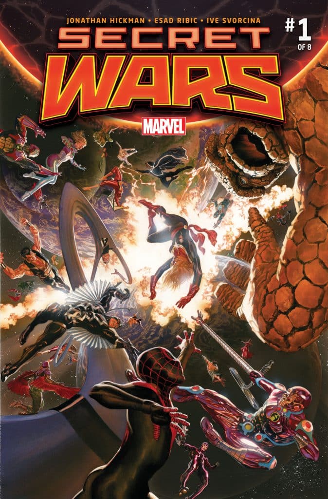 Cover of Marvel's 'Secret Wars' comic book, featuring multiple superheroes and villains in an epic battle scene with cosmic elements.