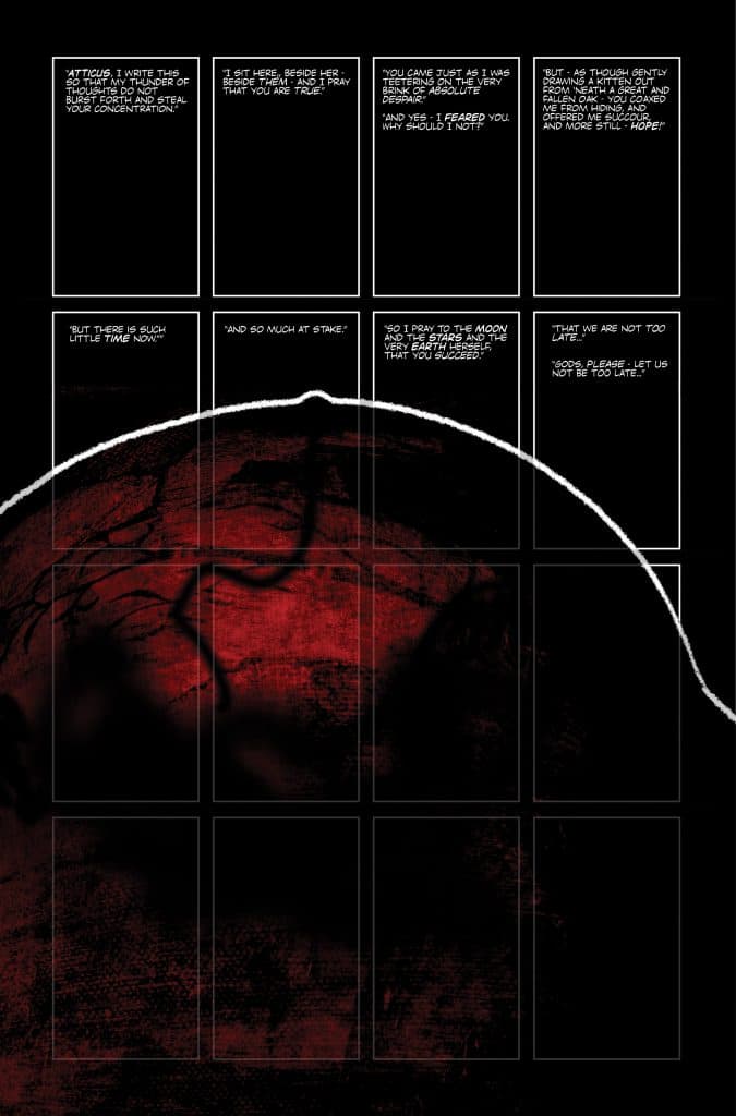 A dark, abstract comic panel with red and black tones, featuring various speech bubbles containing written dialogue expressing urgency and emotion.