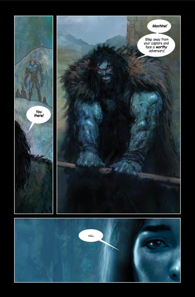 A muscular, fierce-looking creature with dark hair and a fur coat stands menacingly, wielding a weapon. In the foreground, a character with a worried expression responds with a soft voice, creating a tense dialogue scene.