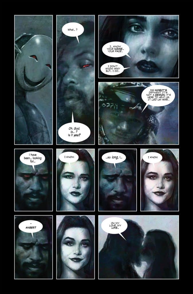A comic strip featuring various characters with emotional expressions, including a smiling figure, a man with glowing red eyes, and a woman with striking features. The panels contain dialogue about identity and connection, culminating in a romantic moment.