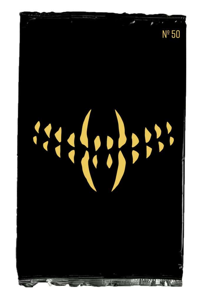 A black background featuring a stylized golden emblem composed of triangular shapes resembling teeth or claws, with the number '50' in the top right corner.