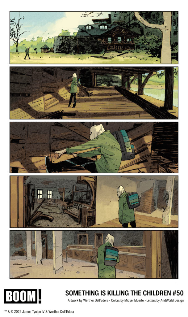A comic panel illustration featuring a character in a green coat with a backpack walking through an old abandoned building.