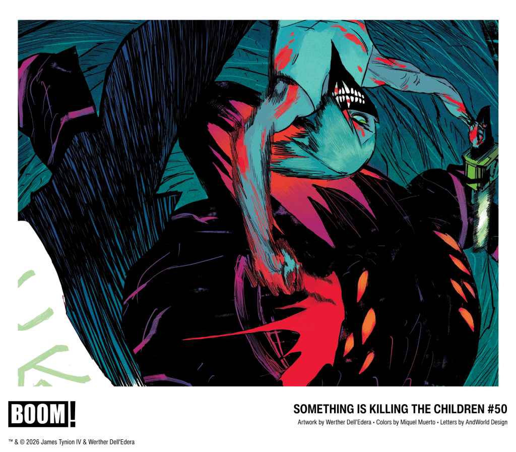 A vibrant comic book cover featuring a menacing figure with sharp teeth and blood-like colors, juxtaposed with dark, stylized artwork, titled 'Something is Killing the Children #50.'