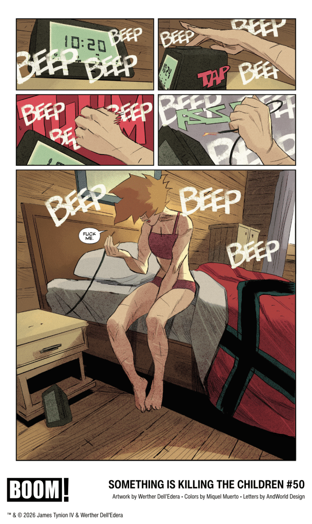 A comic panel depicting a person in their bedroom, frustrated, sitting on the edge of a bed. An alarm clock reads 10:20. They are reaching to silence the alarm while expressing annoyance.