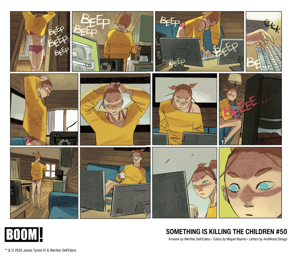 A comic panel sequence featuring a character wearing a yellow sweater and shorts, interacting with technology in a cozy wooden room. Sounds like 'beep' and 'click' are depicted, suggesting a focus on a computer or device. The character's expressions change as they engage with the computer and respond to various sounds.