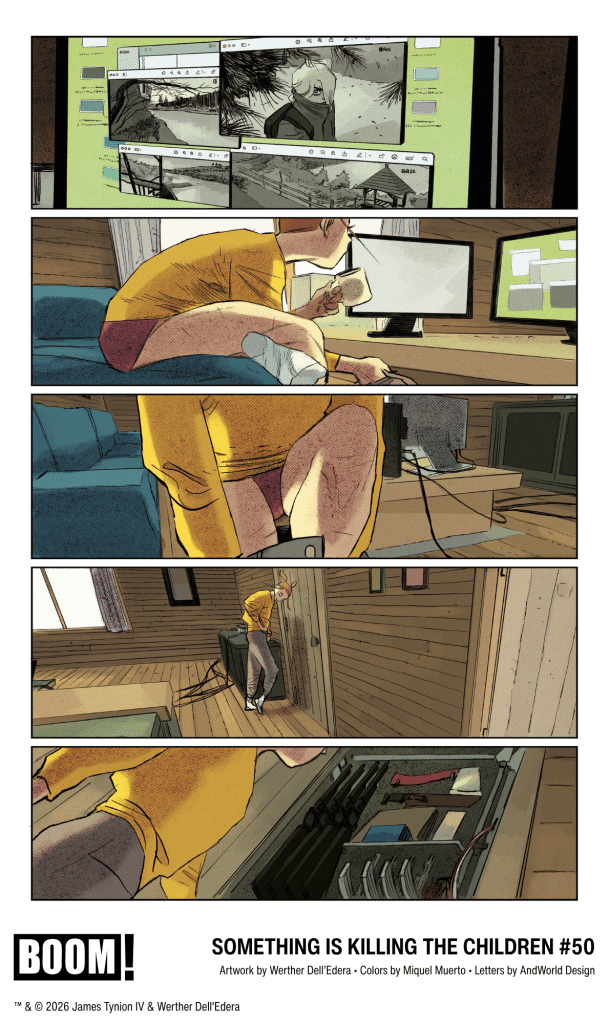 A comic strip from 'Something is Killing the Children #50', featuring a character in a yellow shirt engaging with a computer and examining various images on the screen.