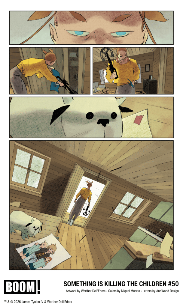 A character with brown hair and blue eyes holds a weapon while standing in a wooden room, looking toward an open door. A white dog with black ears sits nearby, observing the scene. In the foreground, there is an illustration of three children on a piece of paper.