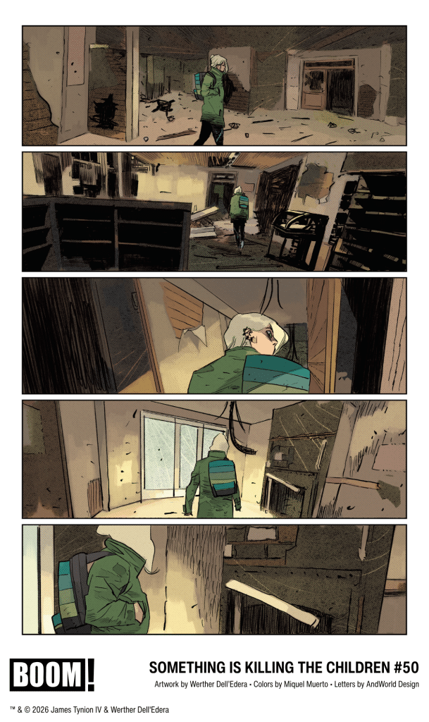 A character in a green jacket walks through a dilapidated interior space, navigating past debris and broken furniture, suggesting a sense of mystery and tension.