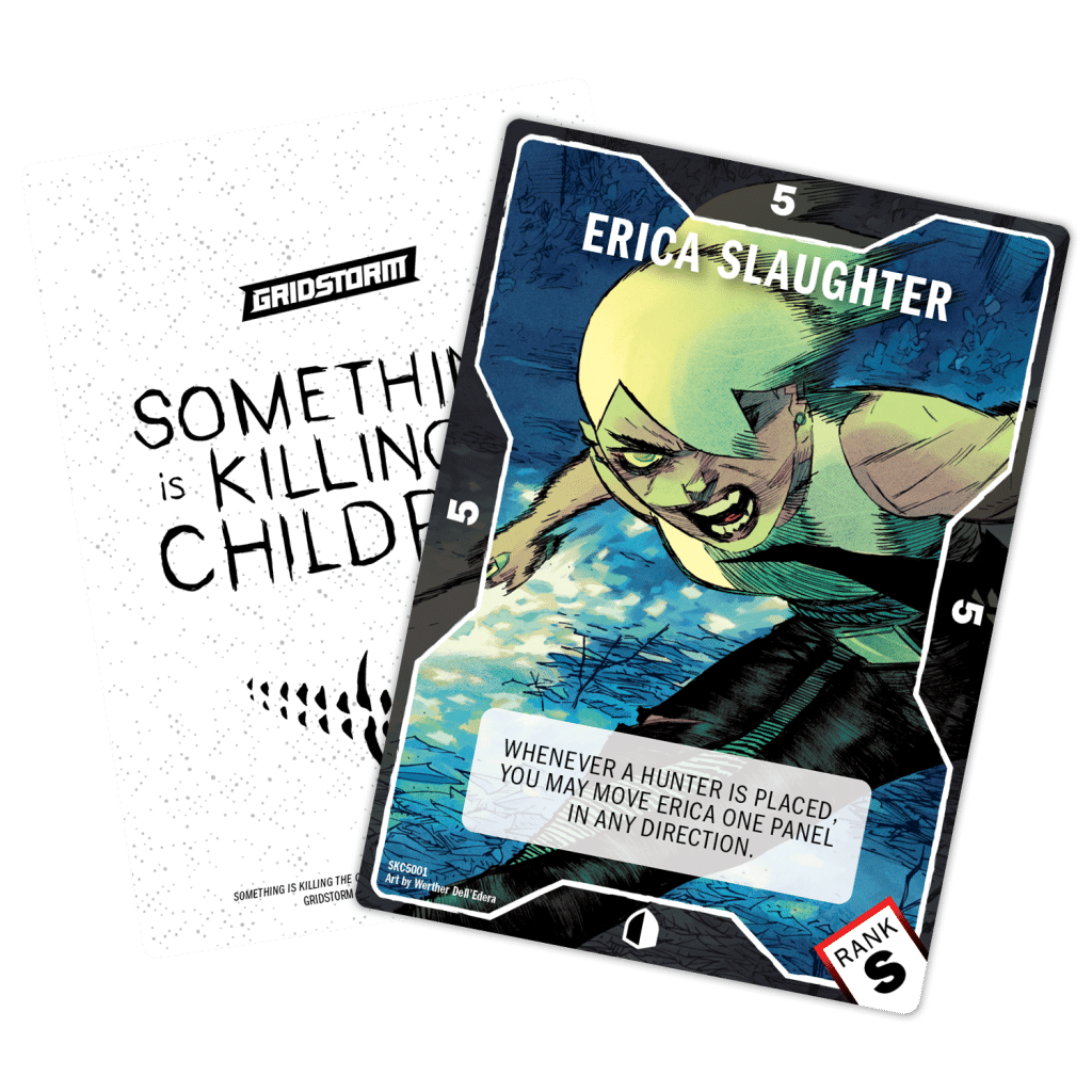 A game card featuring a character named Erica Slaughter, with an illustrated art style. The card highlights her abilities and ranks her as S. The background shows dynamic action imagery.