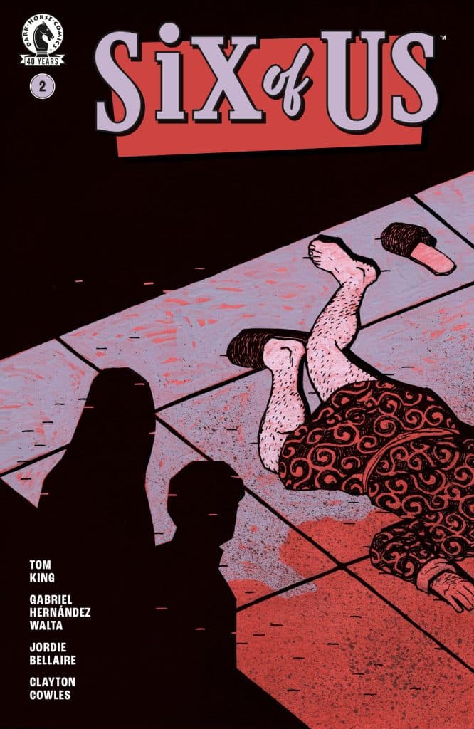 Cover of the comic book 'Six of Us' issue 2, featuring a stylized illustration of a person lying on the ground with shadowy figures in the background.
