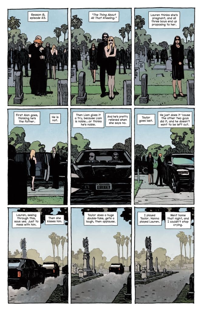 A comic strip depicting a somber scene at a cemetery, featuring characters in black clothing. The narrative focuses on relationships and emotions during a funeral, highlighting themes of love, loss, and unexpected moments among friends.