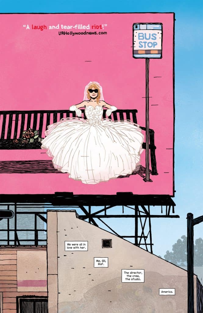 An illustrated billboard featuring a woman in a wedding dress and sunglasses sitting on a bench, with a bus stop sign in the background. The billboard has a bright pink background and text highlighting a comedic review.