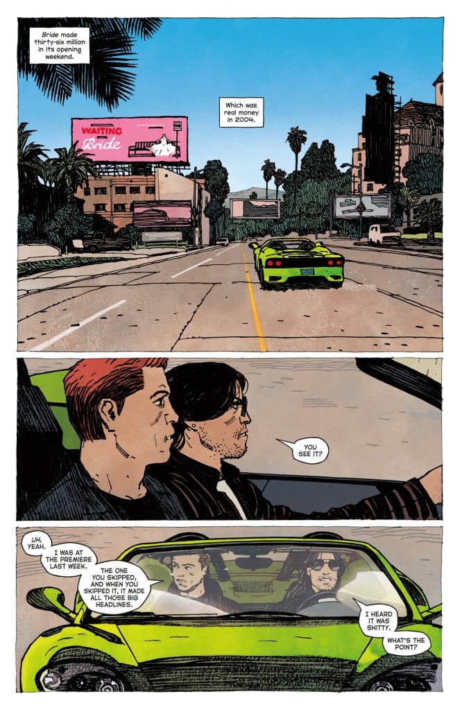 A comic-style illustration showing two characters inside a green car driving on a street lined with palm trees. A billboard in the background advertises a movie titled 'Waiting Bride'.