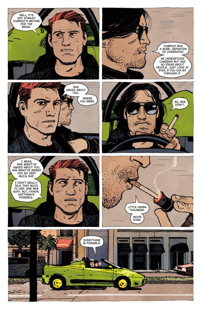 Comic panel depicting two characters in a conversation in a car, discussing film and personal relationships, with one character expressing skepticism and the other offering relaxed commentary.