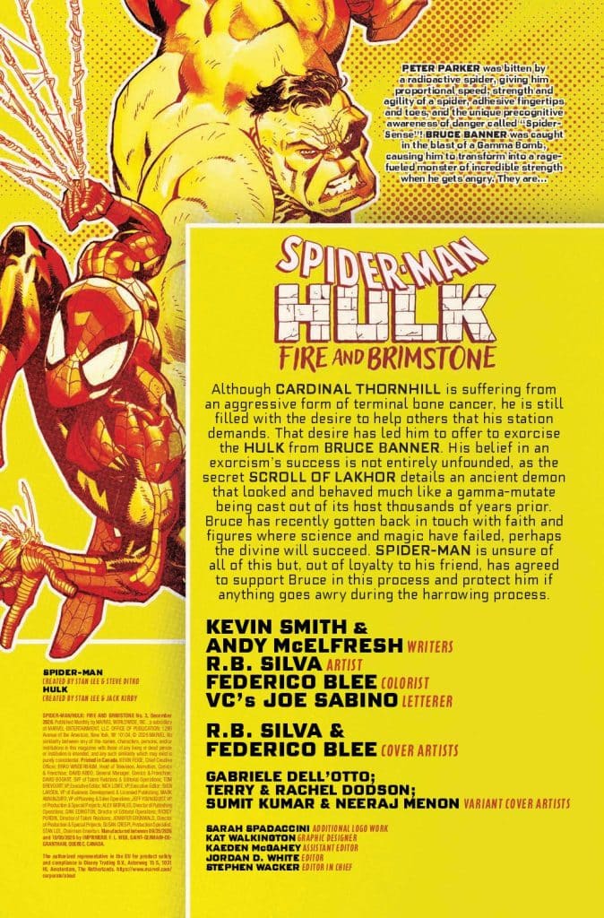 Comic book cover featuring Spider-Man and Hulk in a dynamic pose with bright colors. The text includes the title 'Spider-Man Hulk: Fire and Brimstone' and credits for writers, artists, and contributors.