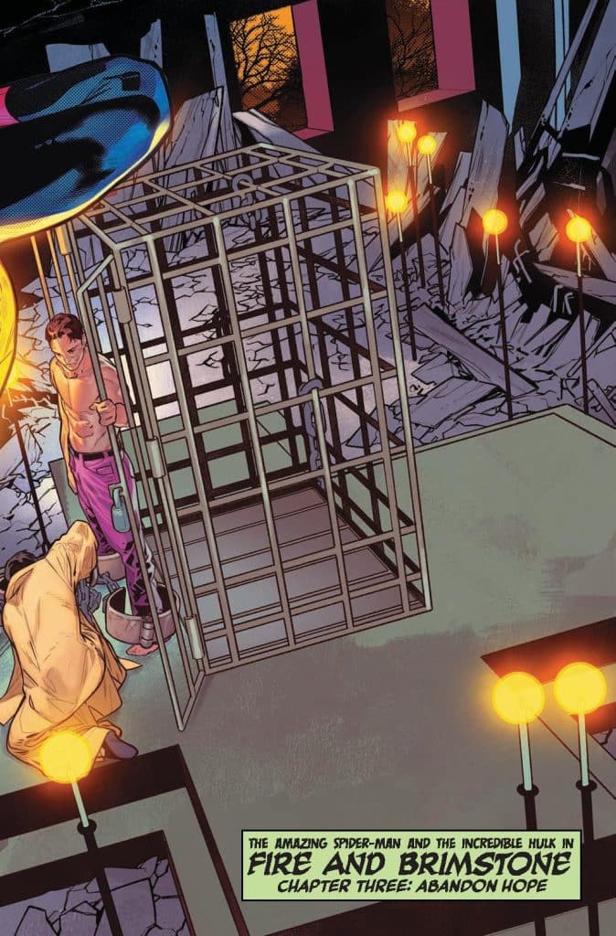 A comic book scene depicting a damaged environment with a metal cage in the center. One character is shown holding a pole and facing the cage, while another character is sitting on the ground. Bright lights illuminate the area, and the title of the chapter is printed at the bottom.