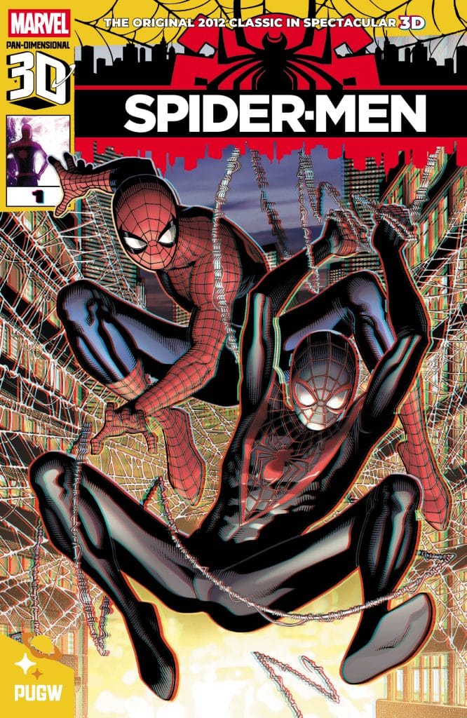 Comic book cover featuring Spider-Man and Miles Morales as Spider-Man, surrounded by a cityscape and webbing.