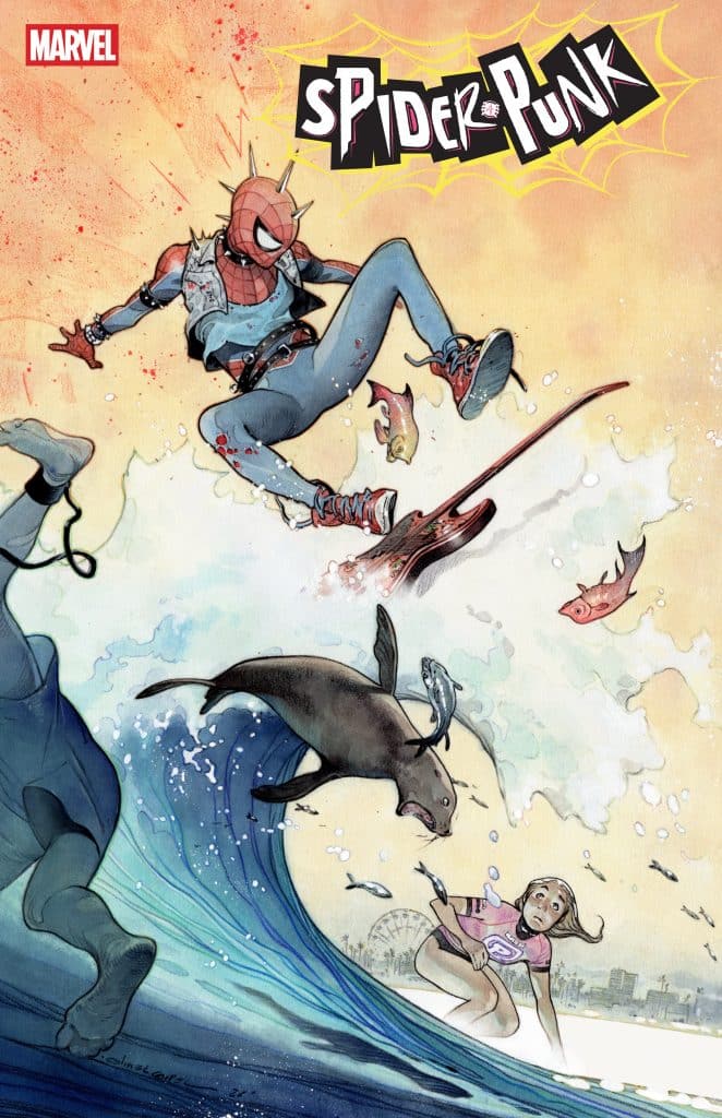 A colorful comic book cover featuring Spider-Punk, a punk version of Spider-Man, surfing on a large wave. He is wearing a torn vest and is mid-action, with a guitar in hand. Below, a girl watches in surprise while a seal and fish jump in the water.