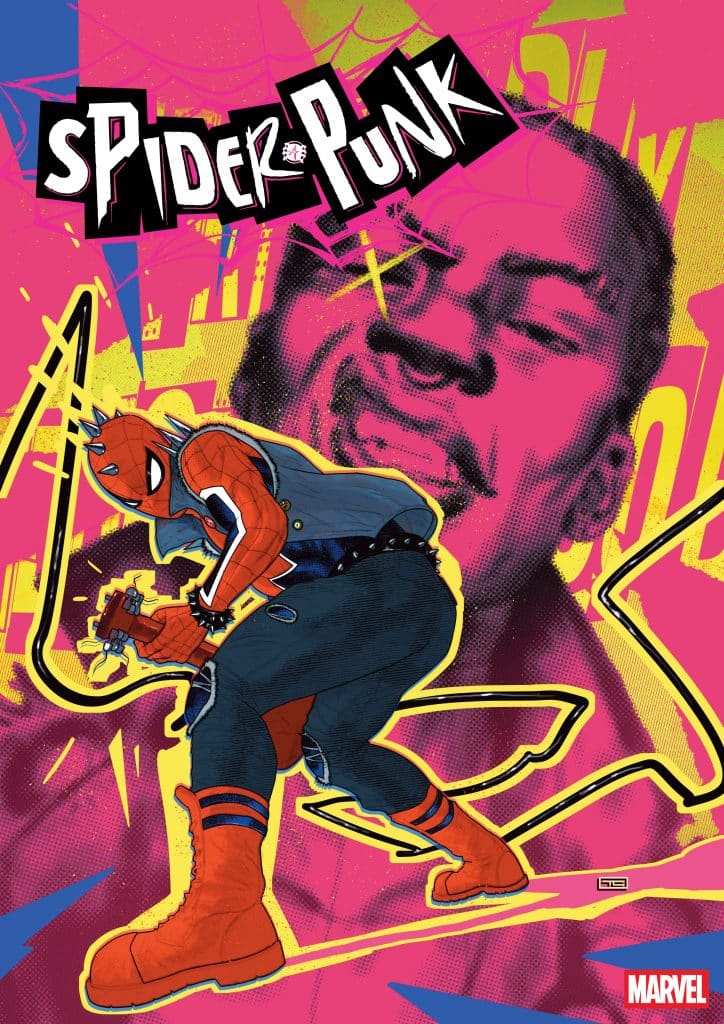Comic book cover featuring Spider-Punk in a dynamic pose, set against a vibrant pink and yellow background with graphic elements.