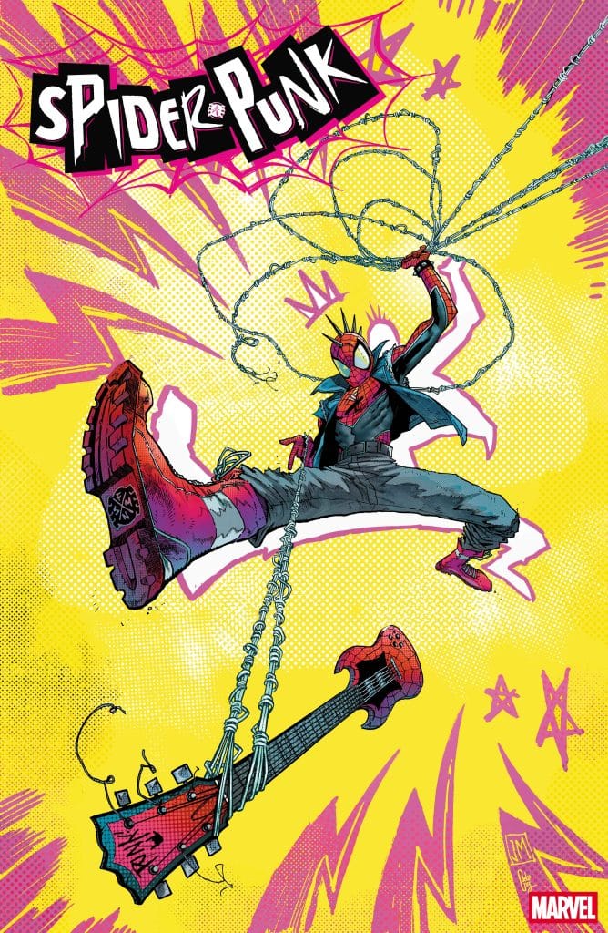 An illustration of Spider-Punk, a stylized superhero in a vibrant outfit, swinging a guitar and webbing against a bright yellow background with comic-style graphics. The character showcases punk aesthetics, including a spiky hairstyle and unique footwear.