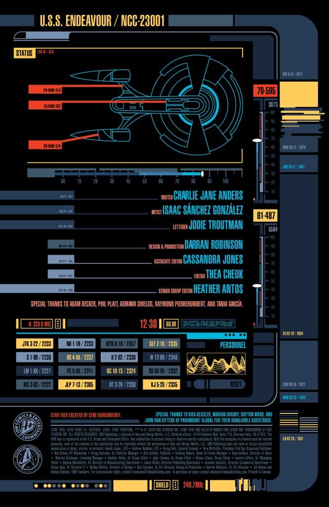 A digital display interface for the U.S.S. Endeavour (NCC-23001) from a sci-fi context, showing various status indicators, personnel credits, and technical specifications.