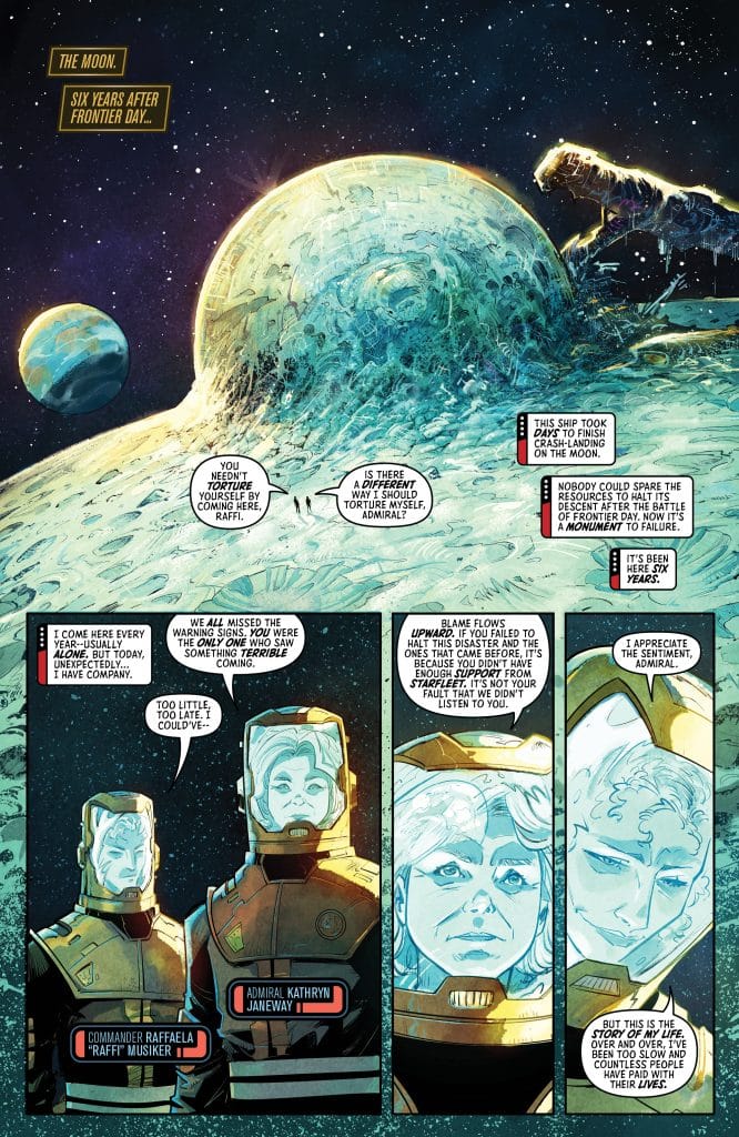 Two characters in space suits converse on a lunar landscape, with a large, blue planet visible in the background. Dialogue boxes reveal a tense discussion about past failures and the looming threat on the moon.