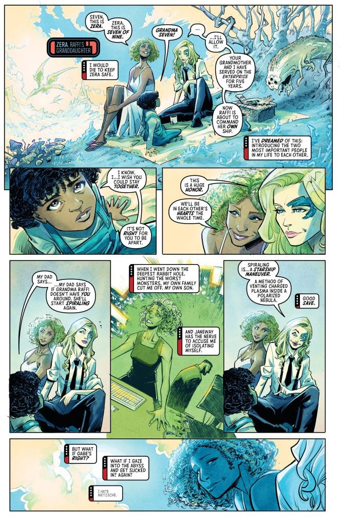 A comic panel featuring three characters engaged in a conversation, with a backdrop of a vibrant, fantastical landscape. One character introduces another, and they discuss their familial ties and the importance of safety.